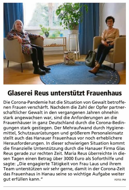 Zeitungsartikel - Glaserei Reus unterstützt Frauenhaus Auszug-aus-einem-Zeitungsartikel-mit-dem-Titel-Glaserei-Reus-unterstuetzt-Frauenhaus