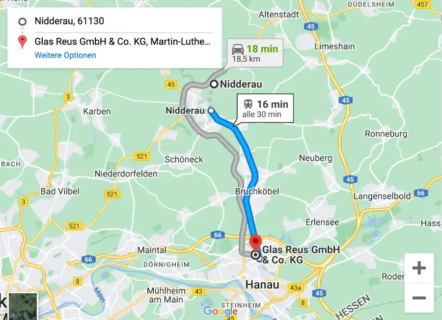 Anfahrt von Nidderau nach Glas Reus Hanau